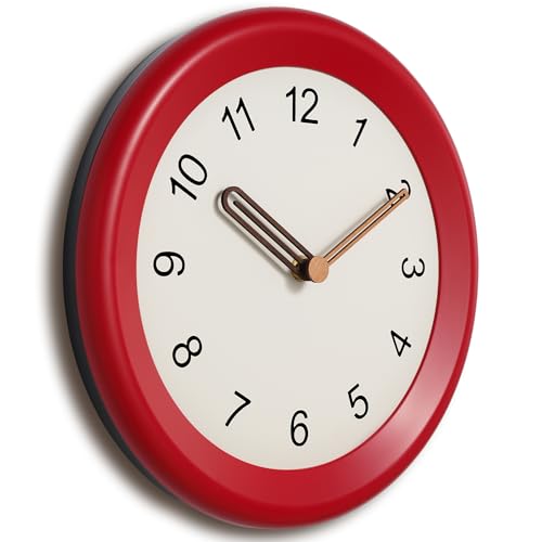 Image of Mosewa 10 Inch Red Wall Clock Silent Non-Ticking Quartz Battery Operated Analog Clock with Wood Hands, Easy to Read Minimalist Round Clock for Kitchen Living Room Bedroom Office