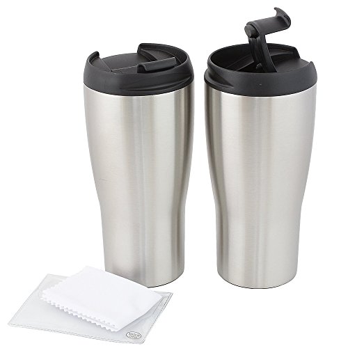 Set of 2 Travel Coffee Mugs Stainless Steel with BONUS Cleaning Cloths From Kerro Outlets