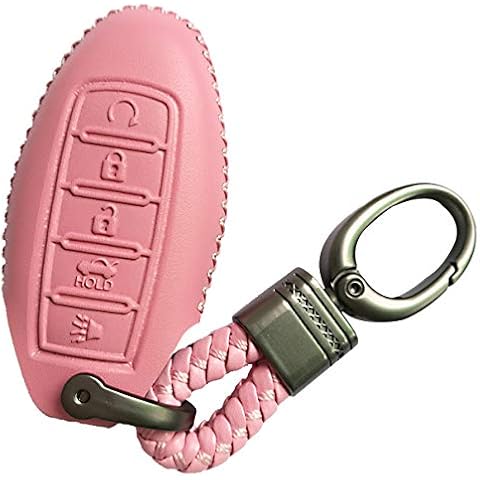 Alegender Leather Pink 5Btn Key Cover Case Fob Protector Fits for 2017 2018 2019 2020 Nissan Rogue Maxima Altima Sedan Pathfinder Cover