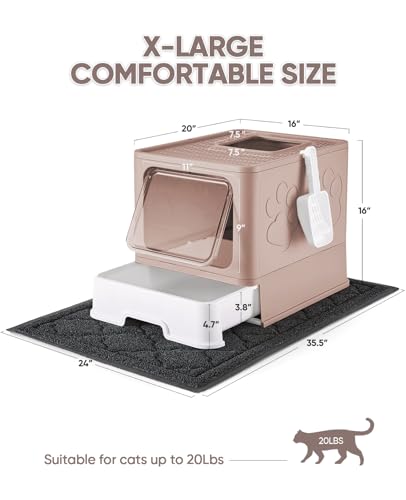Image of Medario Cat Litter Box with X-Large Litter Mat and Scoop, Large Covered Litter Box with Lid, Enclosed Kitty Box,Front Top Entry Exit, Odor Control Easy to Clean (Upgrade Coffee)