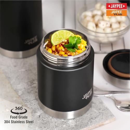 Image of Jaypee Plus Nutri Jar Stainless Steel Vacuum Insulated Food Jar With Bag & Spoon|Hot And Cold Thermal Flask|Double Walled Scratch Resistant Ideal for Office, School, Gym & Travelling | 400 ml, Black
