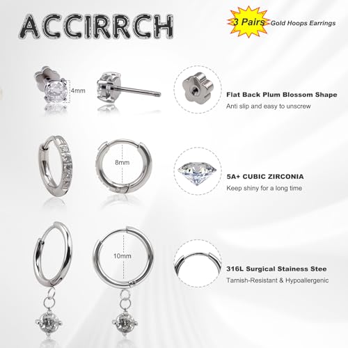 3 Pairs Stainless Steel Silver Hoop Earrings Set Hypoallergenic Stud Earrings Dangle Cartilage Huggie Hoop Earrings for Women Fashion Jewelry for Women Gift4