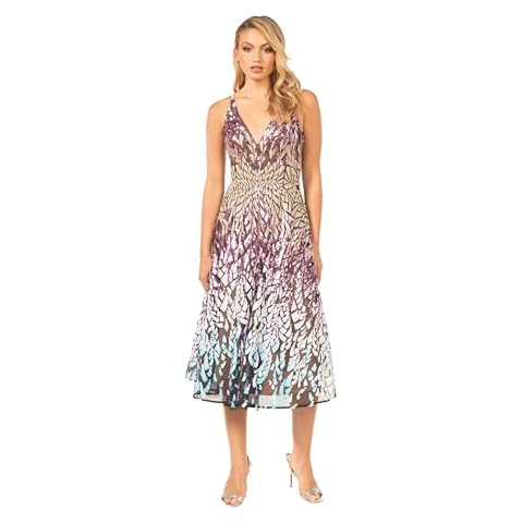 Dress the Population Womens Elisa Sleeveless Plunge Neckline Fit and Flare Midi Dress, Orchid Multi, Small Cover