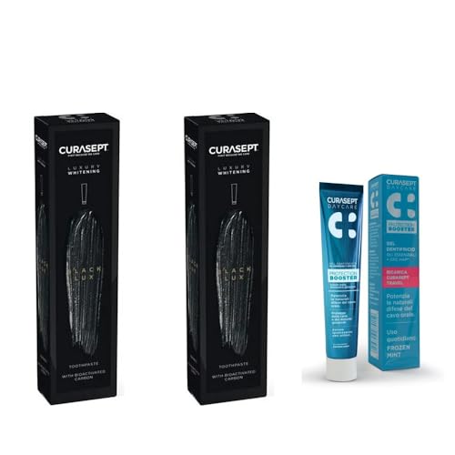 Curasept Luxury Whitening Black - 2 Confezioni da 75ml - con Carbone Attivo e Perossido di Idrogeno - Smalto Protetto, Sorriso più Bianco e Luminoso - in Omaggio Dentifricio Travel FrozenMint da 20ml