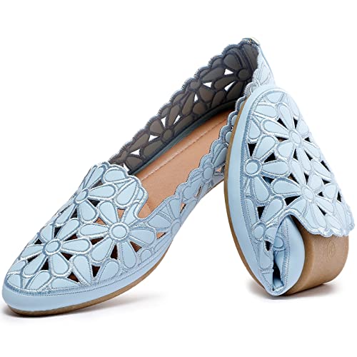 HEAWISH Women's Floral Ballet Flats for Women Black Beige Slip On Flowers PU Leather Round Toe Dress...