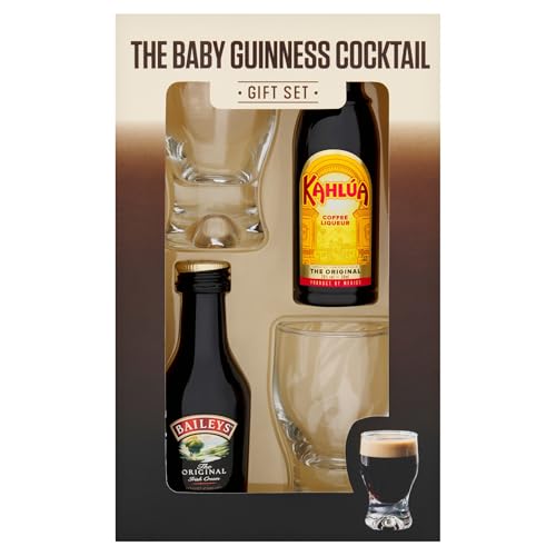 Baby Guinness Gift Set, including Kahlúa Coffee Liqueur 5cl, Baileys 5cl, and Two Shot Glasses. Perfect for Christmas and Birthdays. Premium Packaging.