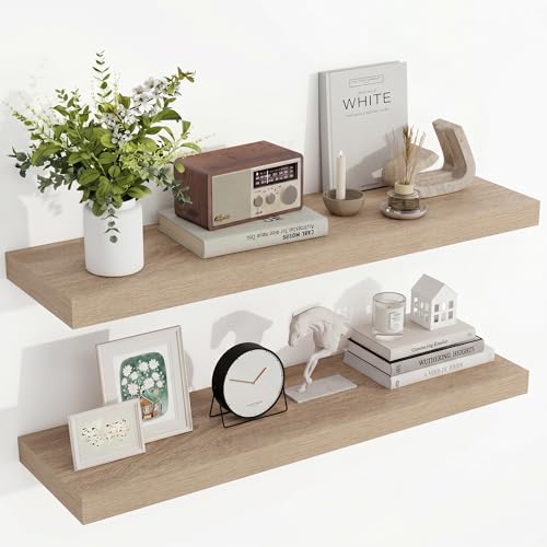 Acovy 36 Inch Floating Shelves 3D Textured Wood Grain 36x9.25x1.5 Inch Deep Floating Shelves for Wall Wooden Shelves for Bathroom Bedroom Living Room Vintage White Oak 2 Pieces