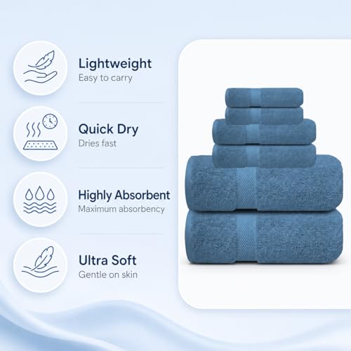 Image of Sulfar 100% Combed Cotton, 6 Pcs Towel Set - 2 Bath Towels (70 x 140 cm), 2 Hand Towels (40 x 70 cm) and 2 Face (30 x 30 cm) (600 GSM, Pack of 6) Dark Blue
