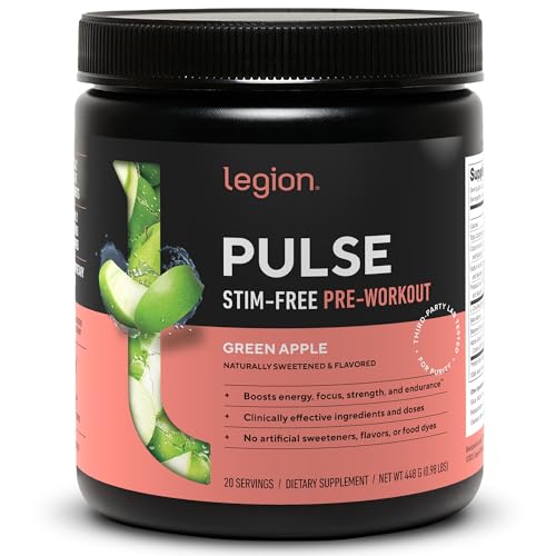 LEGION Pulse Pre Workout Supplement - All Natural Nitric Oxide Preworkout Drink to Boost Energy, Creatine Free, Naturally Sweetened, Beta Alanine, Citrulline, Alpha GPC (Caffeine Free Green Apple)