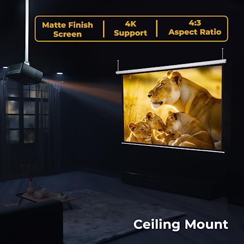Image of ZEBRONICS PSM120A Motorised Projector Screen, 120 inches, Roll Mechanism, Supports 4K, Matte Finish, 4:3 Aspect Ratio, High Gain Fabric, Control Pod, Remote Control, Wall & Ceiling Mountable