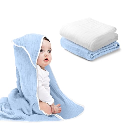 Image of Arnzion Baby Hooded Towels for Babies and Toddlers, Muslin Baby Bath Towel Soft and Absorbency for Boys (Blue.White 2)