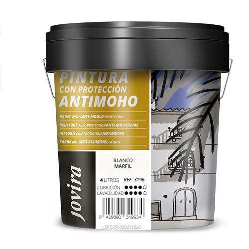 JOVIRA PINTURAS Pittura Antimuffa. Previene la muffa. Resistente alla comparsa di muffe sui muri. Aspetto opaco. (4 Litri, Bianco Avorio)