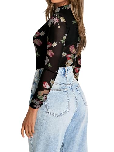 Womens Mesh Sheer Tops Long Sleeve Mock Neck Sexy See Through Shirts Floral Blouses Y2k Layering Top3