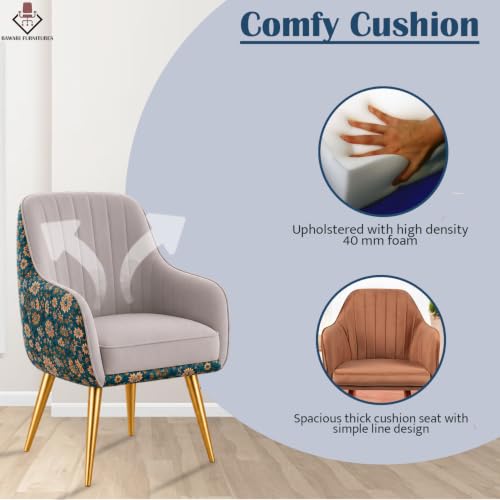 Image of Set of 2 Accent Chair for Living Room | Modern Armchair in Soft Velvet Fabric with Sturdy Legs | Premium Chair for Home Living Room Bedroom Restaurent | (Gold Legs, Light Grey Floral)
