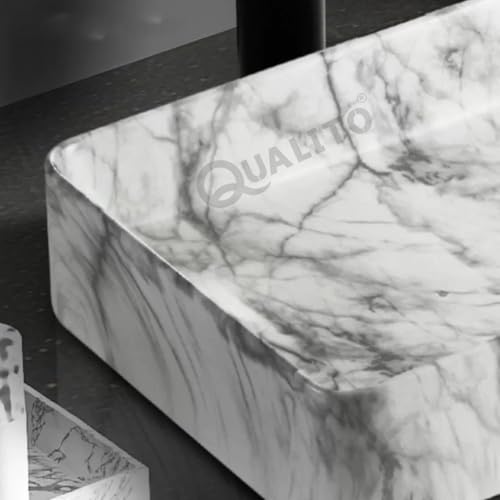 Image of QUALITO Designer Table Top Wash Basin for Bathroom, Living Room, Hall, Dinning Room | Big Size Ceramic Vessel Sink /Basin | Glossy Finish Marble Vanity Basin (24x14x5 Inch, Lexa)