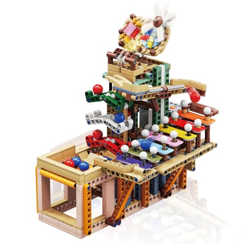 Hallisun ブロックセット 建物 音楽木琴付きボールトラック マーブルラン ビー玉ボール転がし スロープトイ 機械式多彩な飴キャンディ工場 レンガモデルキット おもちゃ 組み立て 立体パズル ミニレンガ ビルディング シティディスプレイモデル 大人
