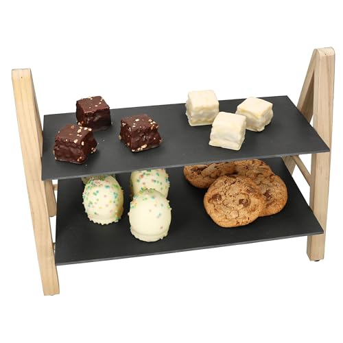 MamboCat Etagere Erika I 2-stöckig mit Schieferplatten I Holzgestell Natur I eckiges Servier-Regal für Buffet, Käse, Kuchen & Snacks