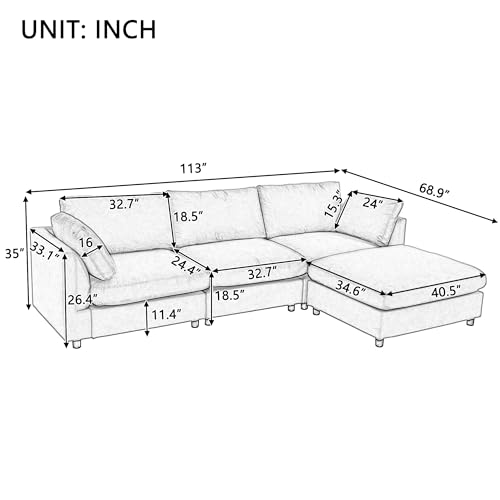 L-Shape Cushions Sectional Sofa Deep Seat Cloud Couch w/Reversible Wide Chaise, Modern 4-Seater Convertible Corner Sofa&Couch with Pillows Armrests and Movable Ottoman for Living Room - Thumbnail 2