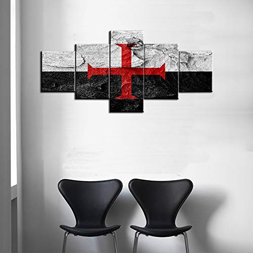 Templar Knight Flag Canvas Prints Wall Art Black And White Picture Red Cross Religion Paintings Artwork Modern House Decor For Living Room Bedroom 5 Piece Wooden Framed Ready To Hang (50''W X 24''H) #TOP2