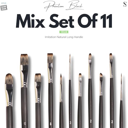 Image of Stationerie Handmade Long Handle Painting Brush Set for Acrylic, Watercolor, & Gouache Painting with Brush Holder,Mix Set of 11