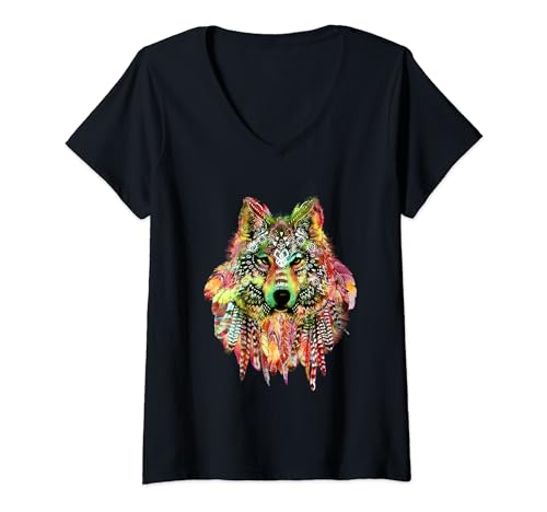 Camiseta Native Tribal Wolf Feathers BoHo Cute Camiseta Cuello V