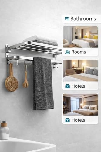 Image of Natheeph Towel Holder in Bathroom,(Silver) - Towel Hange Round Edges Stainless Steel Foldable, Rustproof Wall Mounted Bathroom Shelf with Hooks, Heavy Duty Bathroom Accessories
