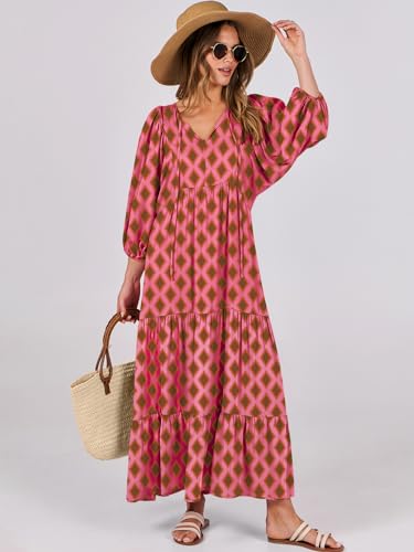 Image of ANRABESS Womens Boho Floral 3 /4 Puff Sleeve Maxi Dress | Tiered Flowy Loose Fit, Comfy Soft Rayon Fabric, Wedding Guest Church Beach, Modest Elegant, Spring Summer Fall Outfits