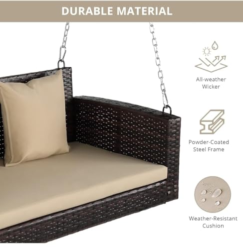 Image of India Hanging Swing Seater Patio Wicker Swings Outdoor Solid Chain Comfortable Back Front Porch for Garden Balcony (Brown +Cream Cushion with Cream Pillow, 2 Seater)