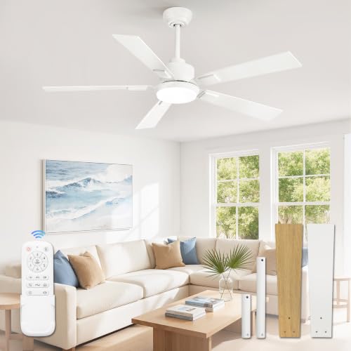 Image of ZMISHIBO 52 inch White Ceiling Fans with Lights and Remote, Indoor /Outdoor Modern Ceiling Fan for Bedroom Living Room Patio, 6 Speed Reversible Quiet DC Motor, 3 CCT, Dual Finish Blades