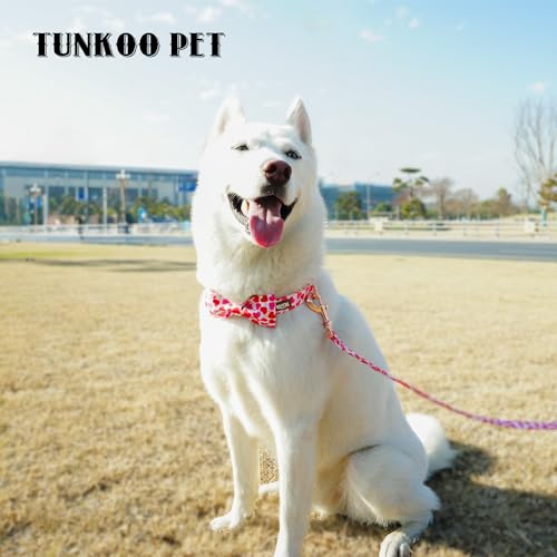 Image of Tunkoo Valentine's Day Dog Collar with Bow Tie - Adjustable and Adorable Pet Collar - Red Hearts with Rose Gold Buckle for Large Medium Small Dog Walking, S