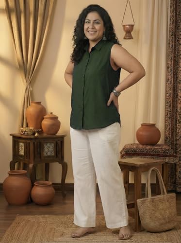 Image of Women Plus Size Sleeveless Button Down Shirt Polyester Formal Office Casual Wear Classic Fit Professional Shirt
