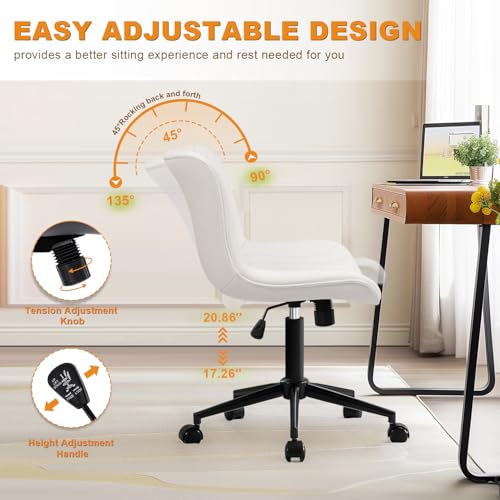 Image of Armless Office Chair, Height Adjustable Desk Chair with Wheels, Ergonomic Comfy 360 Swivel Home Office Computer Task Chair, Faux Leather Padded Cute Vanity Chair, White