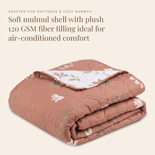 Image of HUESLAND Reversible AC Quilt Blanket Single Bed | 100% Cotton Quilted Shell, Super Soft 120 GSM Microfibre Wadding | Lightweight Comforter for All Weather Use | Floral Fusion - 55 x 88 inches