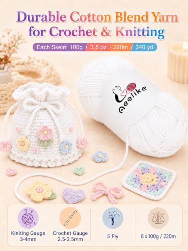 Image of Aeelike Size 3 DK Light Blue Cotton Blend Yarn for Crocheting, 6-Skein | Each Skein 100g, Stripe Layouts, 5-Ply Stitch Control, 1440 Yds Total, Calm Decor Projects, Machine Washable