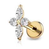 FINE4U Conch Helix Tragus Piercing Jewelry Gold 16G 6mm 8mm - ASTM F136 Titanium Four-Pointed Cartilage Earring, Flat Back Stud Hypoallergenic Body Jewelry