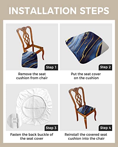 Risqiten Navy Blue Marble Seat Covers For Dining Chairs, Modern Yellow Abstract Stretch Kitchen Chair Slipcovers, Ink Painting Dining Room Chair Covers Removable Office Chair Cover Protector Set Of 4 #TOP3