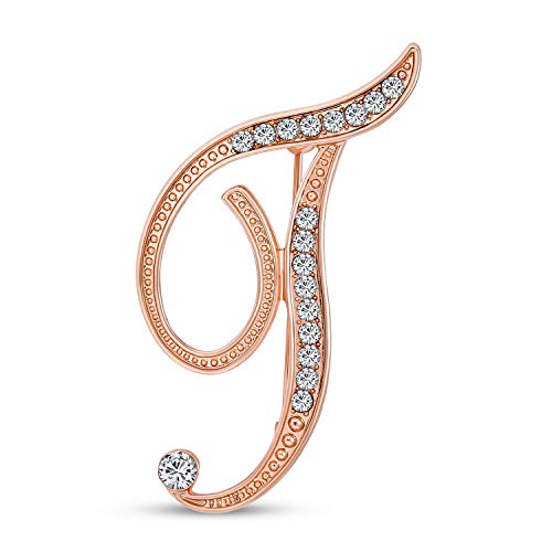 Image of Bling Jewelry Large Statement ABC Pave Crystal Cursive Script Monogram Letters Alphabet Initial T Scarf Lapel Pin Brooch For Women Rose Gold Plated