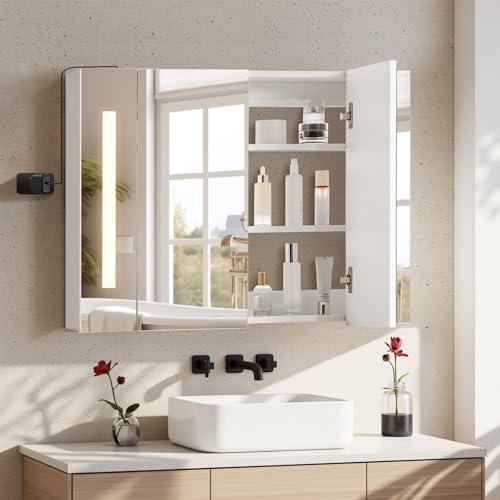 TUKAILAI LED Spiegelschrank Bad 80x15x60cm, IP44 Wasserdicht, Stecker Stromversorgung, Moderner Badezimmerschrank mit 3 Lichtfarben, 2 Türen, 3 Verstellbaren Regalen, HD-Spiegel für Badezimmer