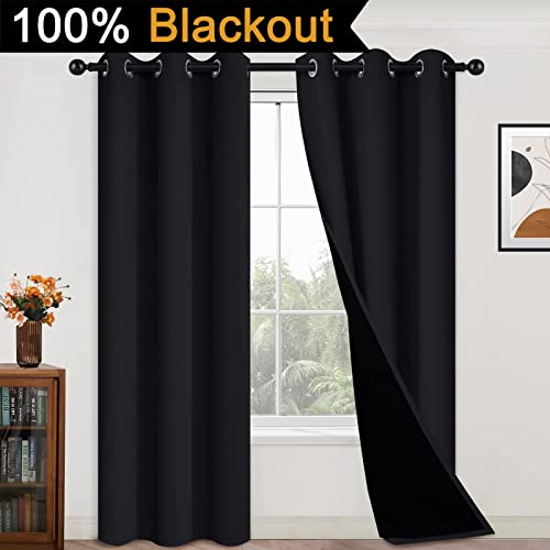 Image of Yakamok 100% Blackout Curtains Energy Saving Thermal Insulated 2 Thick Layers Completely Blackout Drapes with Black Liner for Bedroom(42Wx84L,Black, 2 Panels)