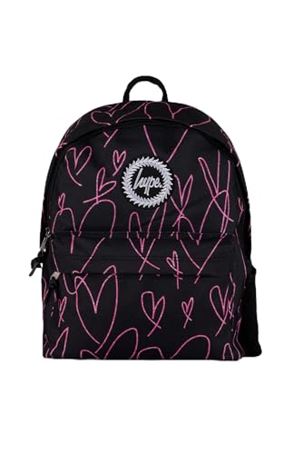 hype Unisex Backpack, Black with Pink Iconic Glitter Scribble Hearts, School Bag for Kids, Comfortable Rucksack with Bottle Holder, 3 Storage Compartments, Padded, Adjustable Straps & Grab Handle