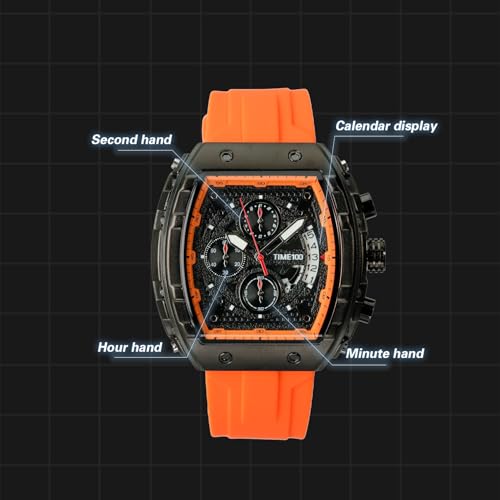 TIME100 Watch for Men Chronograph Calendar Square Face Luminous Punk Style Multifunctional Sub-dials Men's Skeleton Tonneau Watch Silicone Strap Orange W70181G — view 3