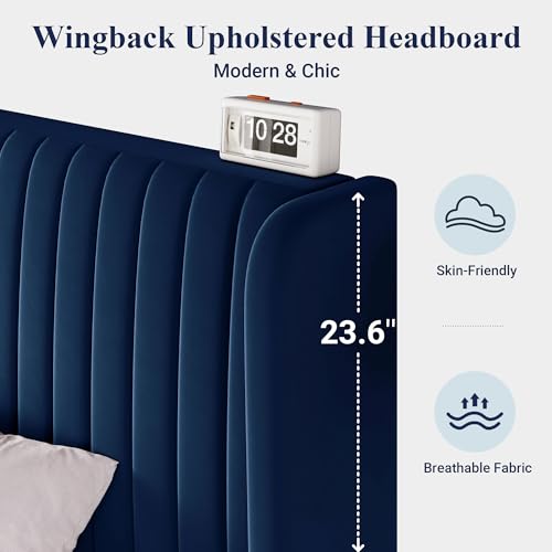Image of Allewie Full Size Velvet Bed Frame /Vertical Channel Tufted Wingback Headboard /Upholstered Platform Bed /Strong Wooden Slats /No Box Spring Needed /Easy Assembly /Blue