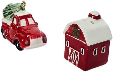 Red Christmas Truck & Barn Mini Ceramic Salt & Pepper Shaker Set, 2.5 x 2 x 1 inches. image 5