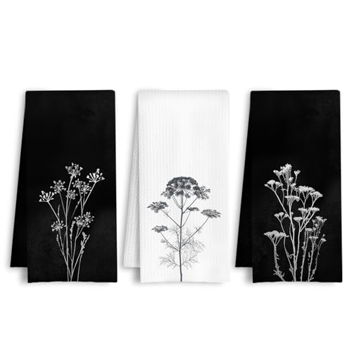 HSIASHENG Black and White Floral Kitchen Towels, Vintage Botanical Dish Tea Towels, Rustic Cottagecore Flower Plant Decorative Hand Towel for Bathroom Kitchen, 16x24 Inch Set of 3