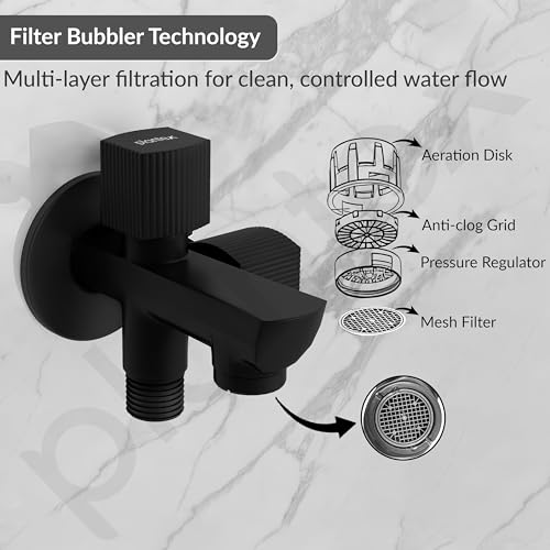 Image of Plantex Two Way Tap for Washing Machine /Quarter Turn 2 in 1 Bib Cock /Wash Basin tap with Teflon Tape and Wall Flange /2 Way Bathroom Tap with Brass Spindle - (Black)