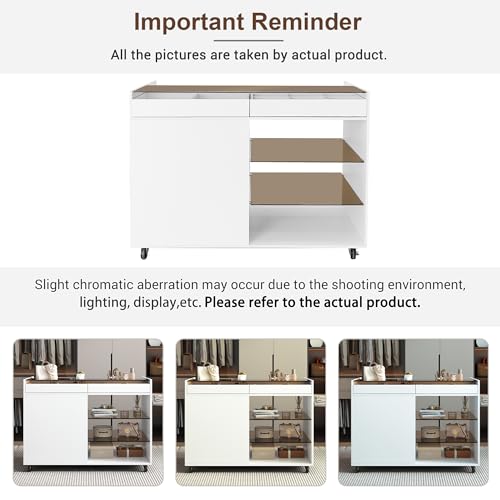 Image of JIVOIT Movable Storage Cabinet Island, 43.3 inch Multi-Functional Island with 3 Side Drawer, a Reversible Top Storage Space and Two Glass Display Shelves, Vanity Table