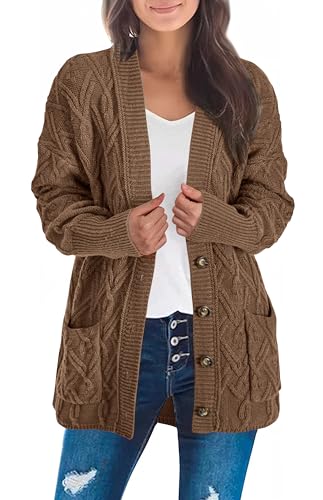 KIRUNDO Women 2024 Fall Winter Oversized Button Down Cable Knit Cardigan Casual Long Sleeve Open Front Chunky Sweater Coat(Brown, Small)