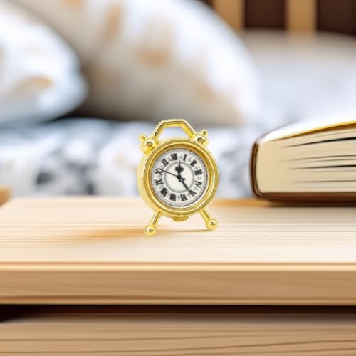 Miniature Golden Alarm Clocks (Set of 2): 1:12 Scale Vintage Twin-Bell Alloy Models for Dollhouse Bedside, Desk Decor, Adult Collector