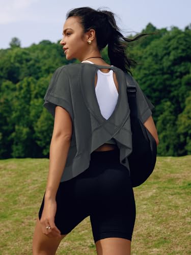 Image of SENSERISE Womens Open Back Workout Tops Backless Short Sleeve Athletic Shirt Running Crop Top Gym Yoga Tee