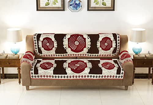 Image of SAWNA Homes 5 Seater Sofa Cover with Centre Table Mat | Chenille & Jackquard Sofa Panel 16 Pcs Set with Arm Cover 3+1+1 | 3+2 Seater Couch Cover for Living Room, Mehroon
